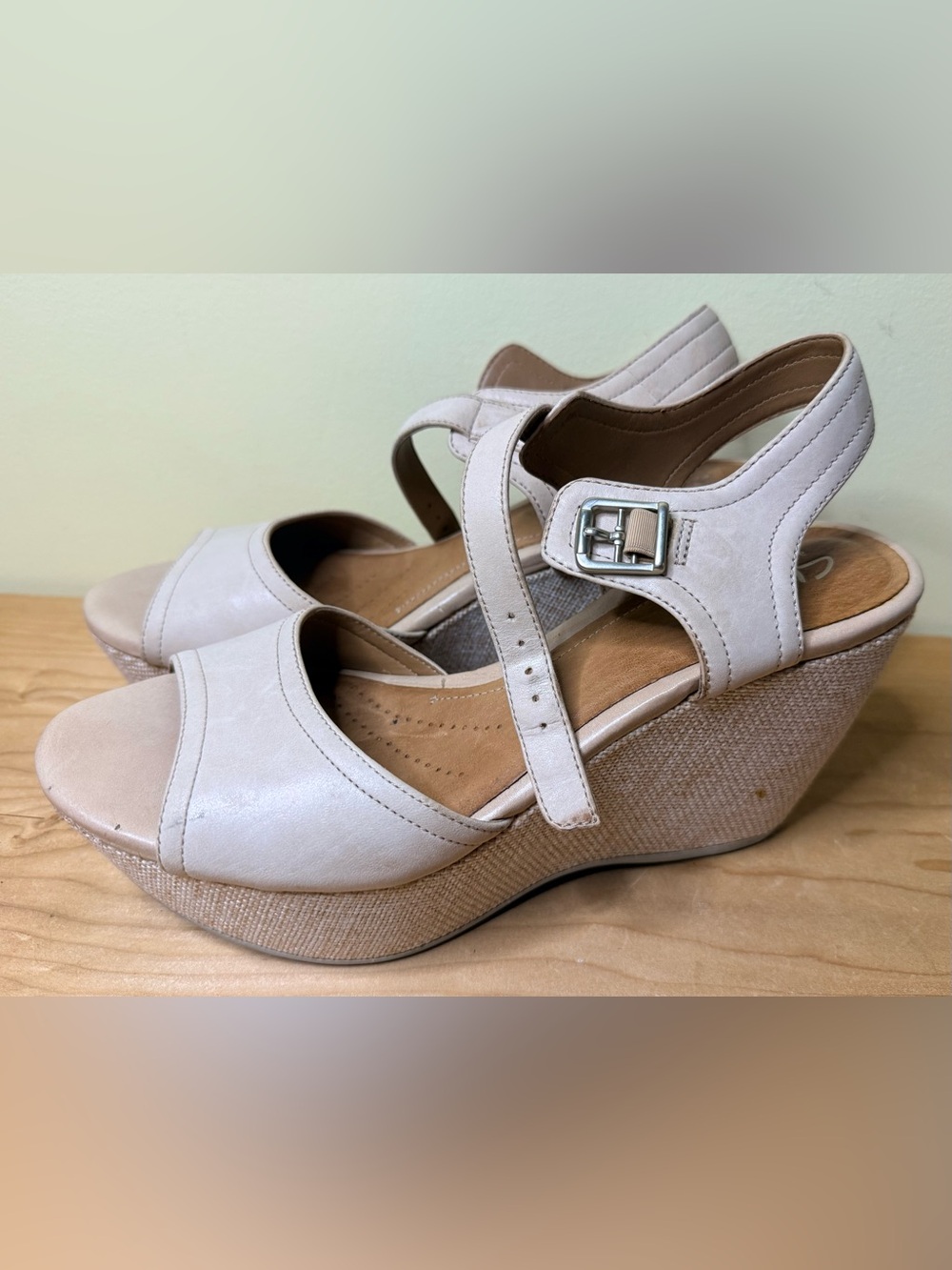 Clarks Nadana Lola Women Nude Leather Espadrille Wedge Platform Sandal Size 8.5